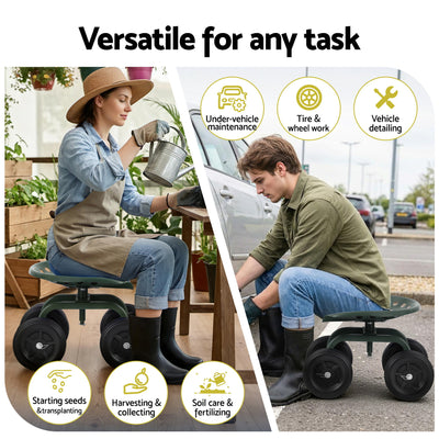 Gardeon Garden Seat 360 Swivel Rolling Adjustable Height Work Scooter Cart Wheels Heavy Duty 150kg