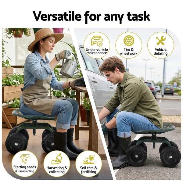 Gardeon Garden Seat 360 Swivel Rolling Adjustable Height Work Scooter Cart Wheels Heavy Duty 150kg Awezingly