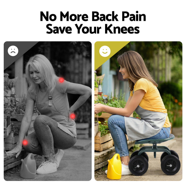 Gardeon Garden Seat 360 Swivel Rolling Adjustable Height Work Scooter Cart Wheels Heavy Duty 150kg Awezingly