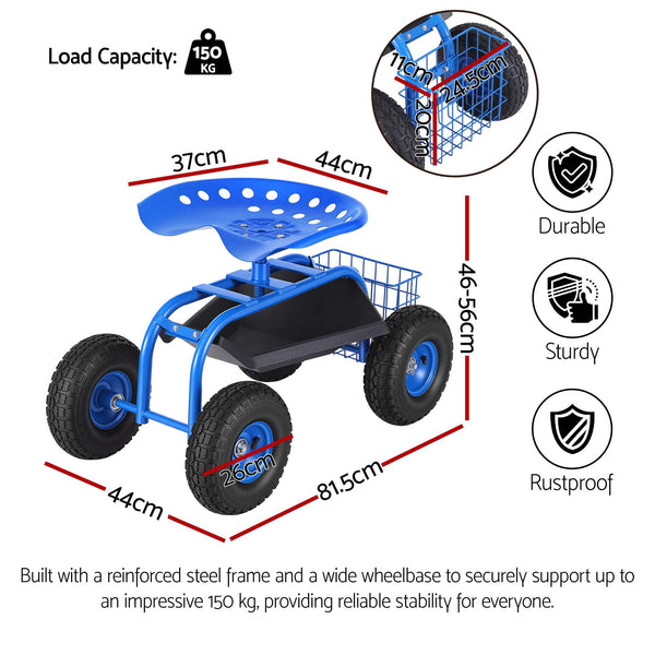Gardeon Garden Seat with Wheels 360 Swivel Adjustable Height Rolling Stool 150kg Gardeon