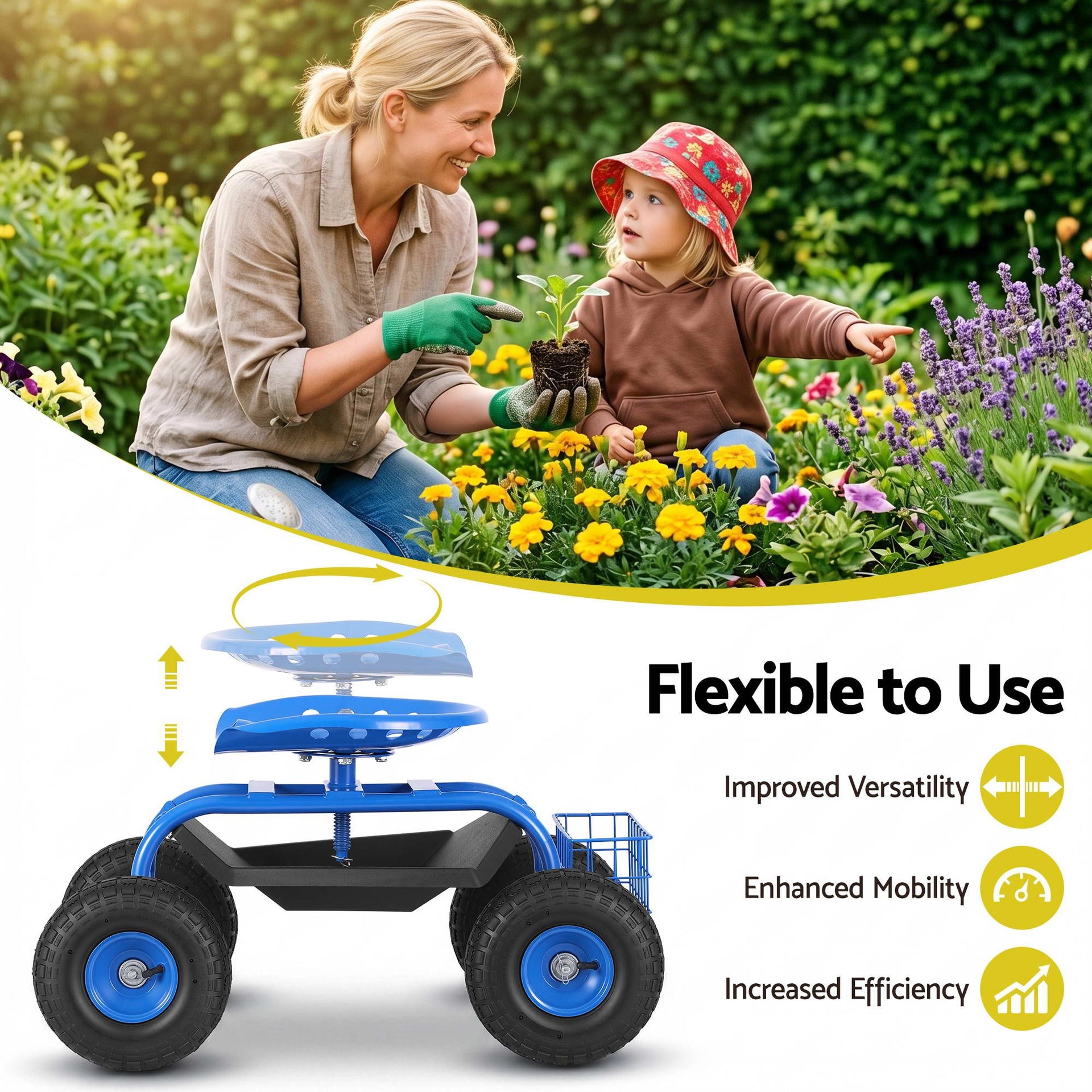 Gardeon Garden Seat with Wheels 360 Swivel Adjustable Height Rolling Stool 150kg Gardeon