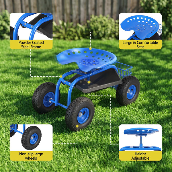 Gardeon Garden Seat with Wheels 360 Swivel Adjustable Height Rolling Stool 150kg Gardeon