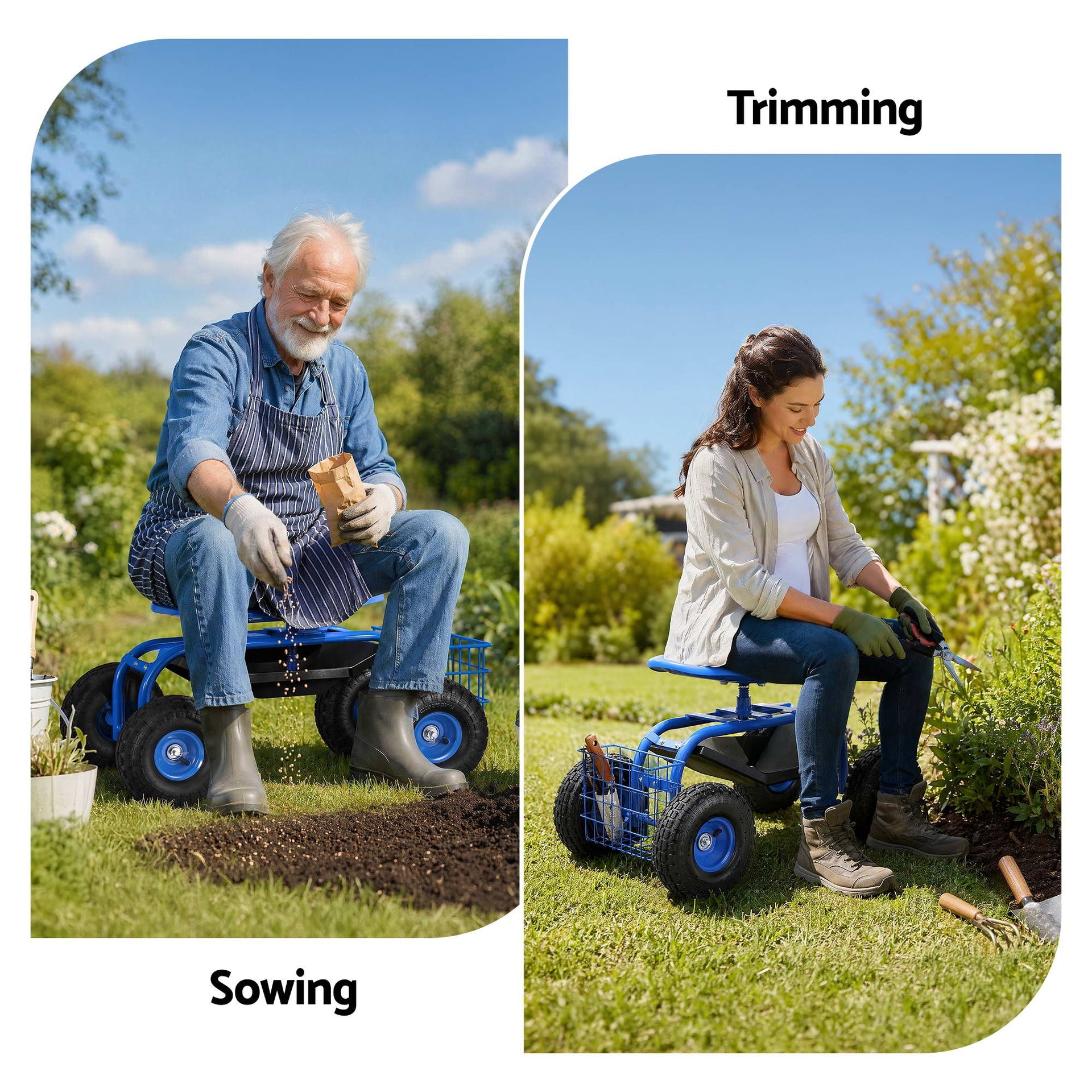 Gardeon Garden Seat with Wheels 360 Swivel Adjustable Height Rolling Stool 150kg Gardeon