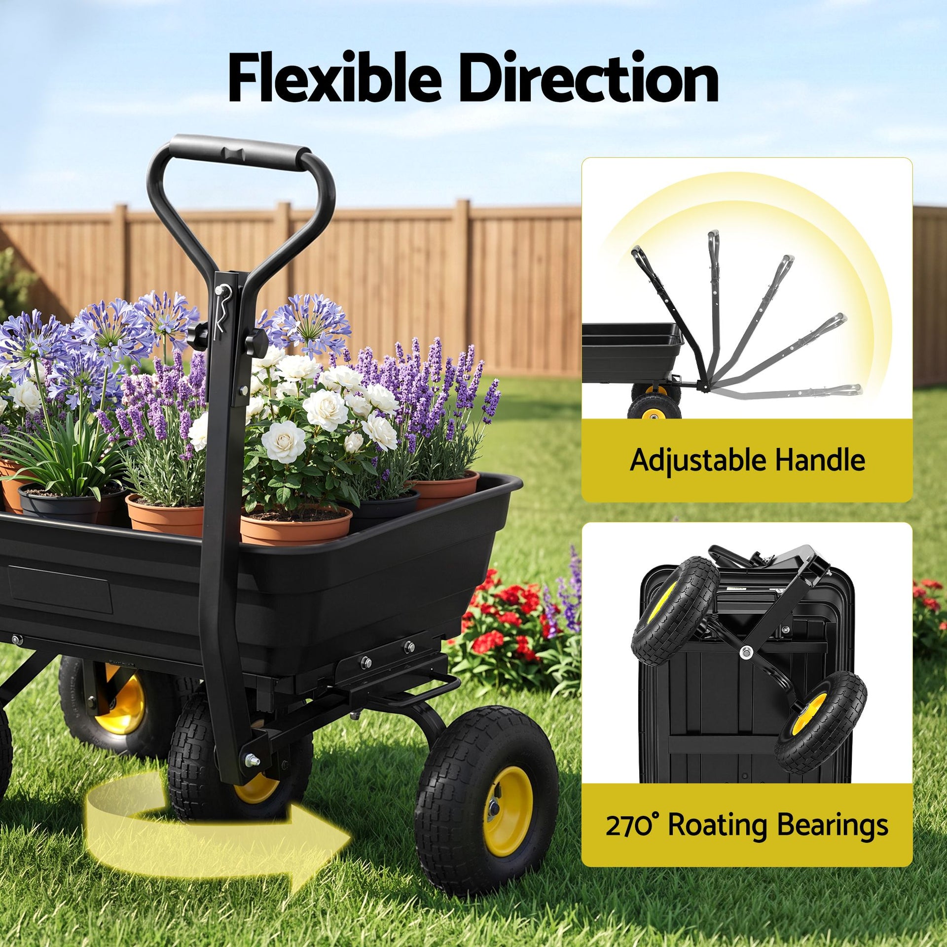 Gardeon Garden Cart Dump Utility Wagon 270kg 2in1 Handle Tractor Trolley 110L with 10in Tyres Awezingly