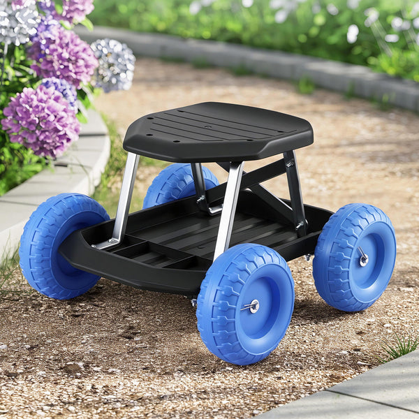Gardeon Garden Cart Seat with Wheels, Rolling Work Stool with Tool Storage Tray, 440lbs (200kg) Heavy Duty Capacity Garden Stool for Outdoor Yard Work, Car Detailing, and Garage Maintenance, Blue/Black Awezingly