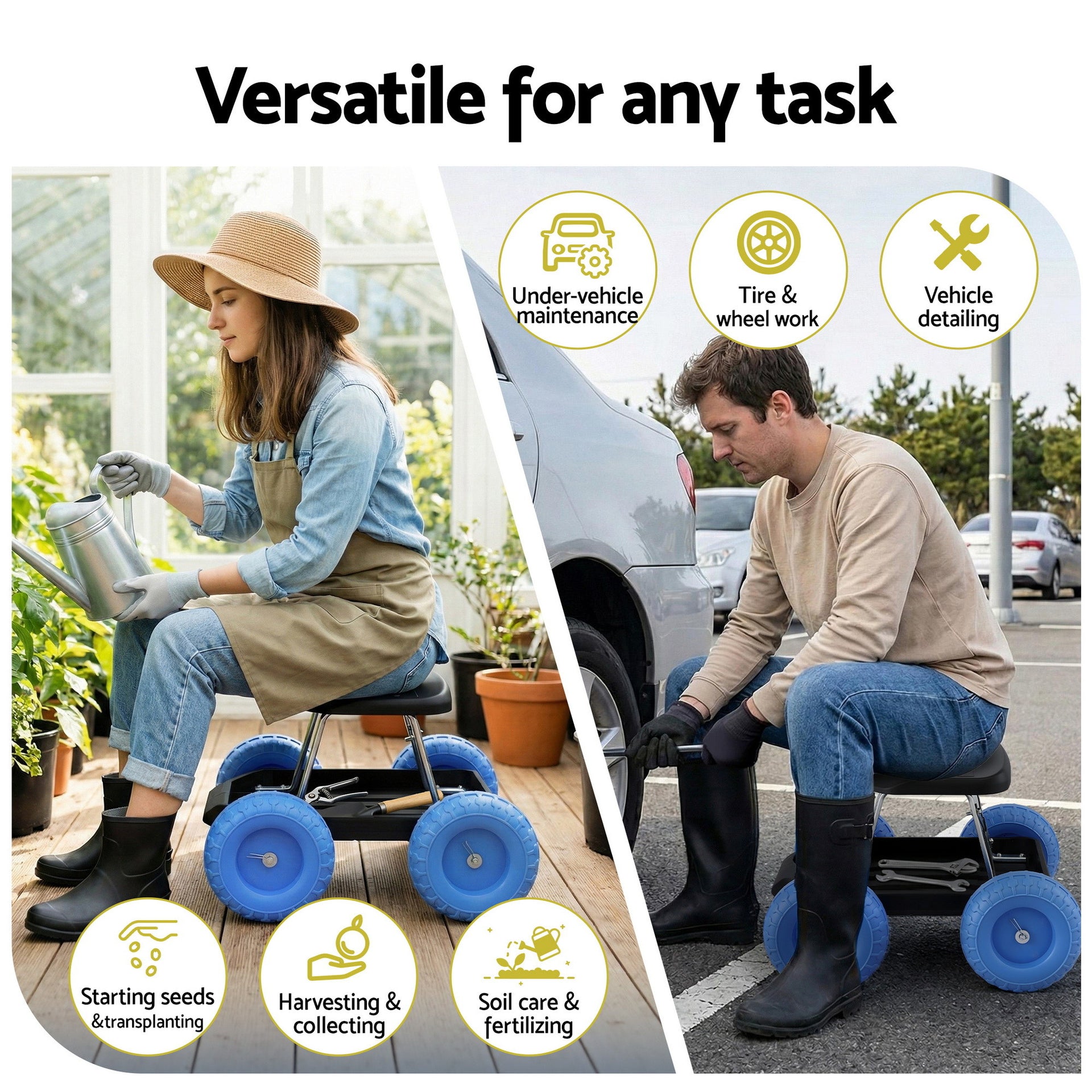 Gardeon Garden Cart Seat with Wheels, Rolling Work Stool with Tool Storage Tray, 440lbs (200kg) Heavy Duty Capacity Garden Stool for Outdoor Yard Work, Car Detailing, and Garage Maintenance, Blue/Black Awezingly