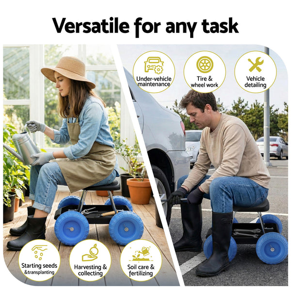 Gardeon Garden Cart Seat with Wheels, Rolling Work Stool with Tool Storage Tray, 440lbs (200kg) Heavy Duty Capacity Garden Stool for Outdoor Yard Work, Car Detailing, and Garage Maintenance, Blue/Black Awezingly