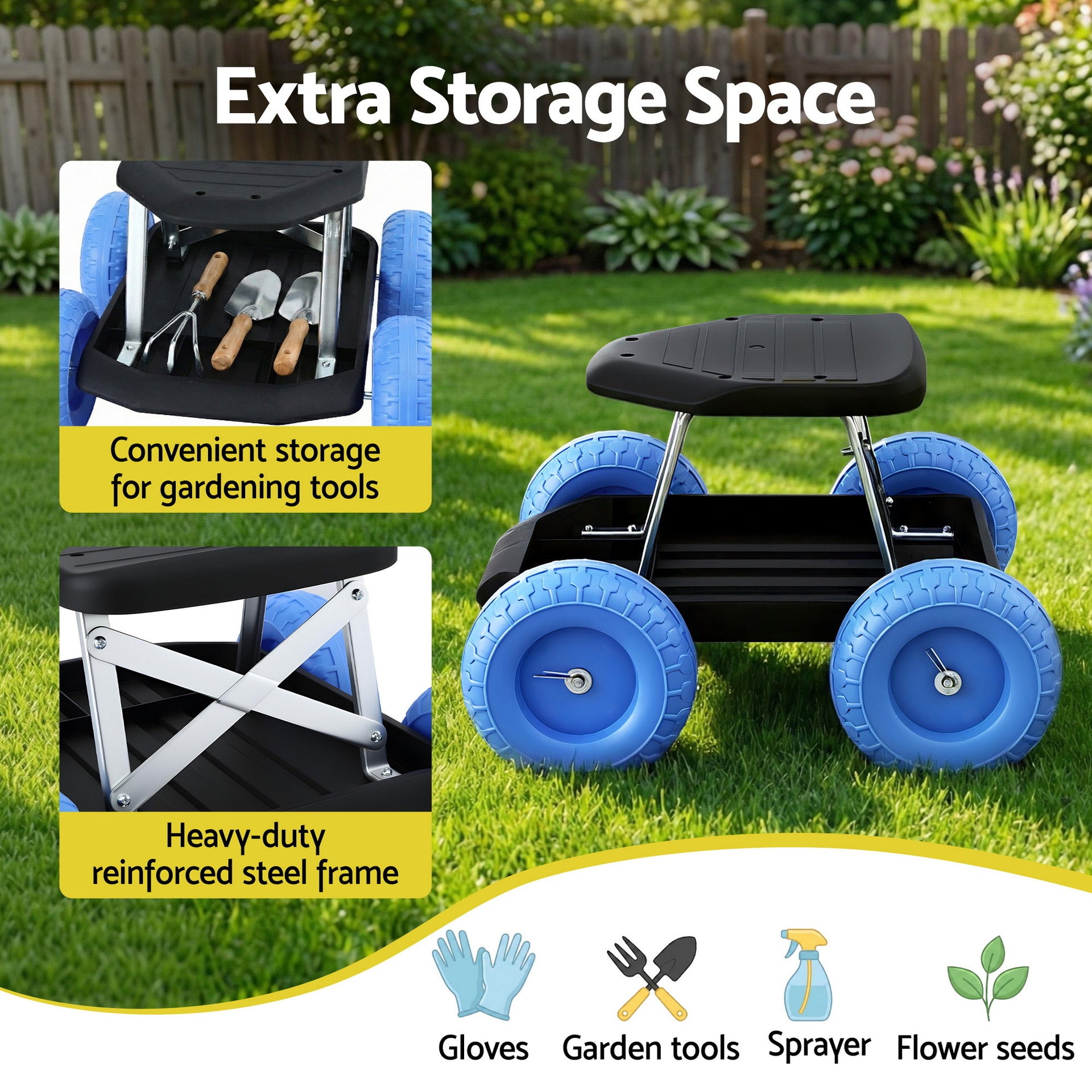 Gardeon Garden Cart Seat with Wheels, Rolling Work Stool with Tool Storage Tray, 440lbs (200kg) Heavy Duty Capacity Garden Stool for Outdoor Yard Work, Car Detailing, and Garage Maintenance, Blue/Black Awezingly