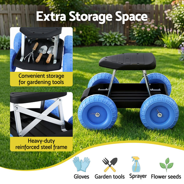 Gardeon Garden Cart Seat with Wheels, Rolling Work Stool with Tool Storage Tray, 440lbs (200kg) Heavy Duty Capacity Garden Stool for Outdoor Yard Work, Car Detailing, and Garage Maintenance, Blue/Black Awezingly