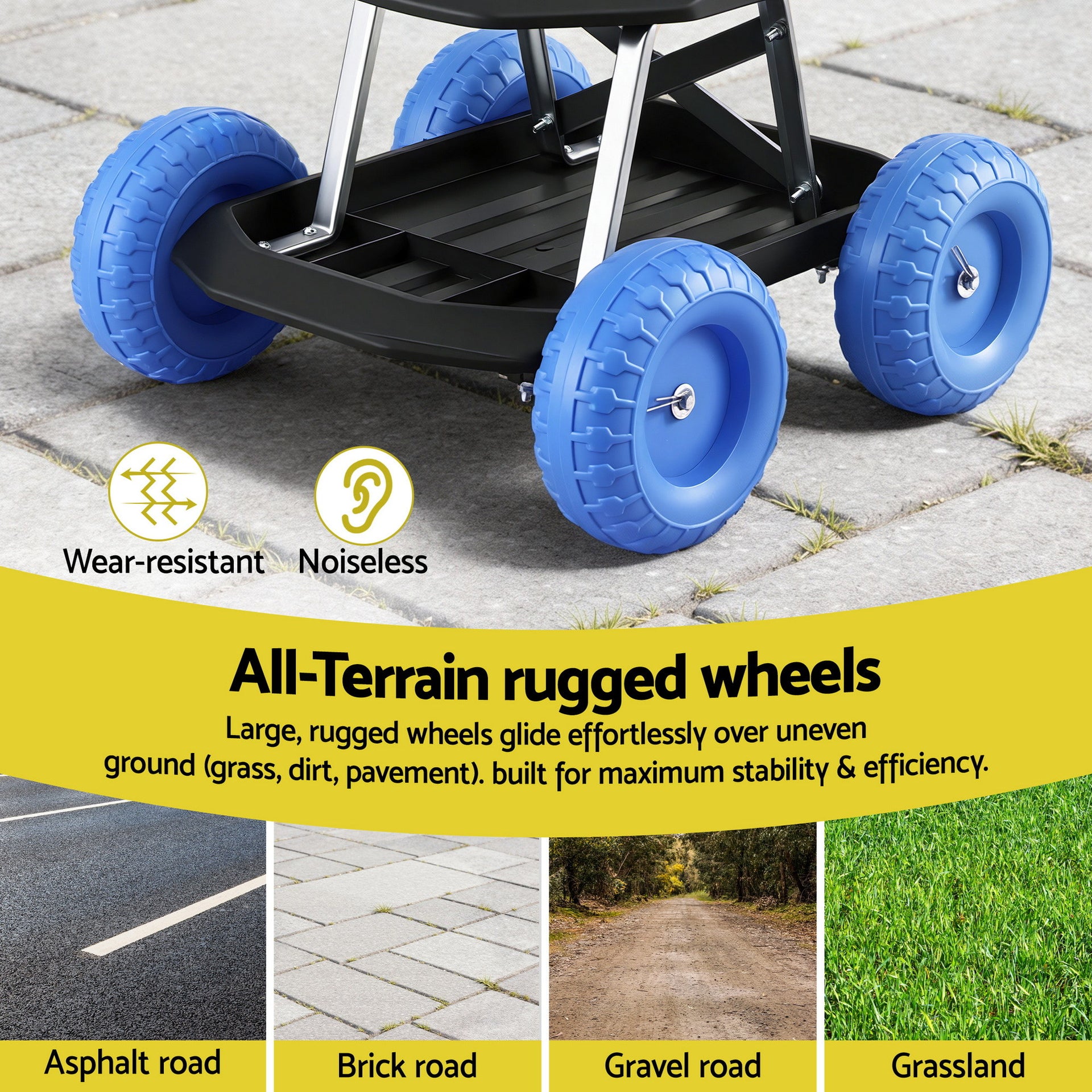 Gardeon Garden Cart Seat with Wheels, Rolling Work Stool with Tool Storage Tray, 440lbs (200kg) Heavy Duty Capacity Garden Stool for Outdoor Yard Work, Car Detailing, and Garage Maintenance, Blue/Black Awezingly