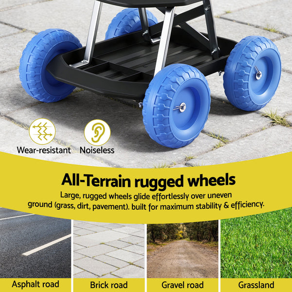 Gardeon Garden Cart Seat with Wheels, Rolling Work Stool with Tool Storage Tray, 440lbs (200kg) Heavy Duty Capacity Garden Stool for Outdoor Yard Work, Car Detailing, and Garage Maintenance, Blue/Black Awezingly