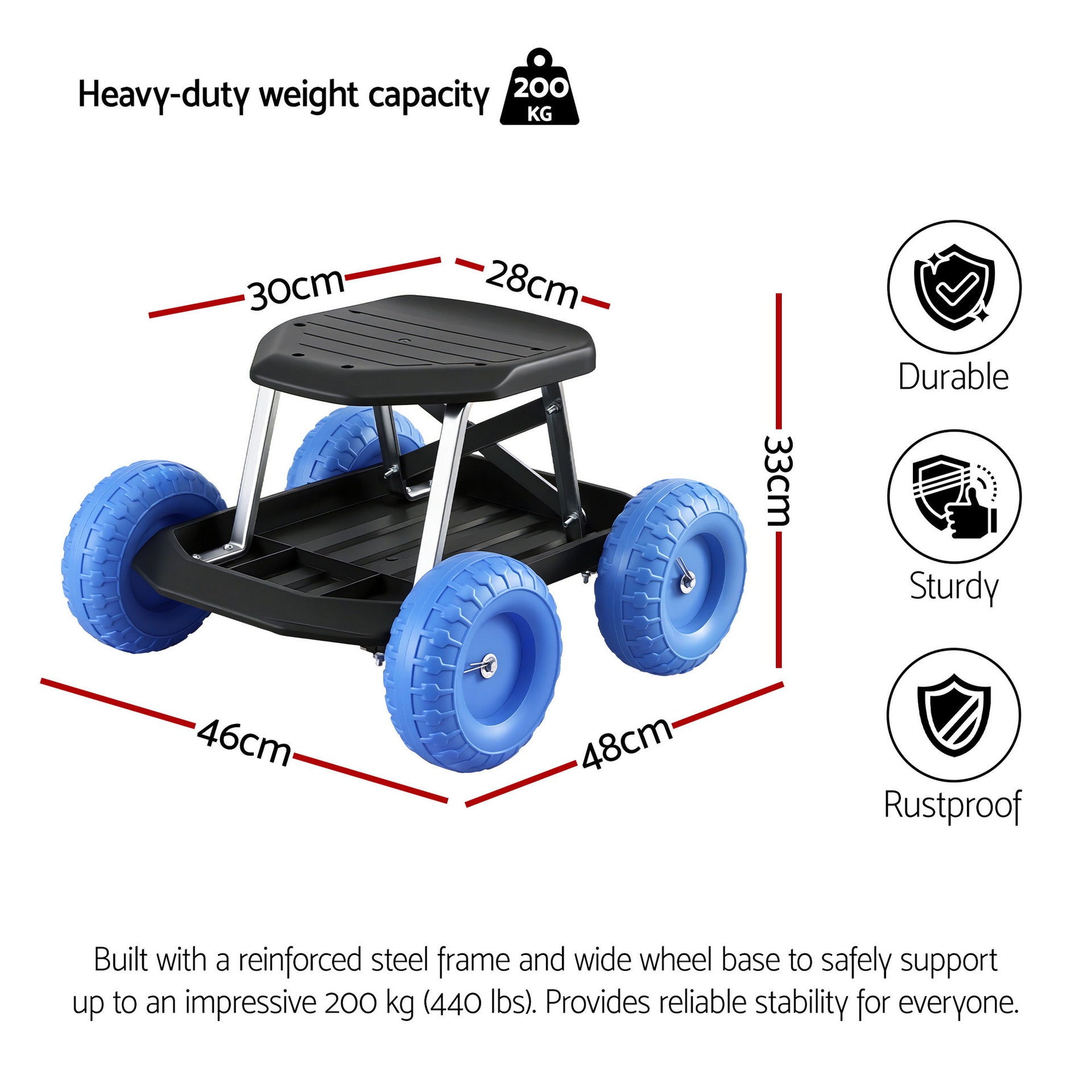 Gardeon Garden Cart Seat with Wheels, Rolling Work Stool with Tool Storage Tray, 440lbs (200kg) Heavy Duty Capacity Garden Stool for Outdoor Yard Work, Car Detailing, and Garage Maintenance, Blue/Black Awezingly