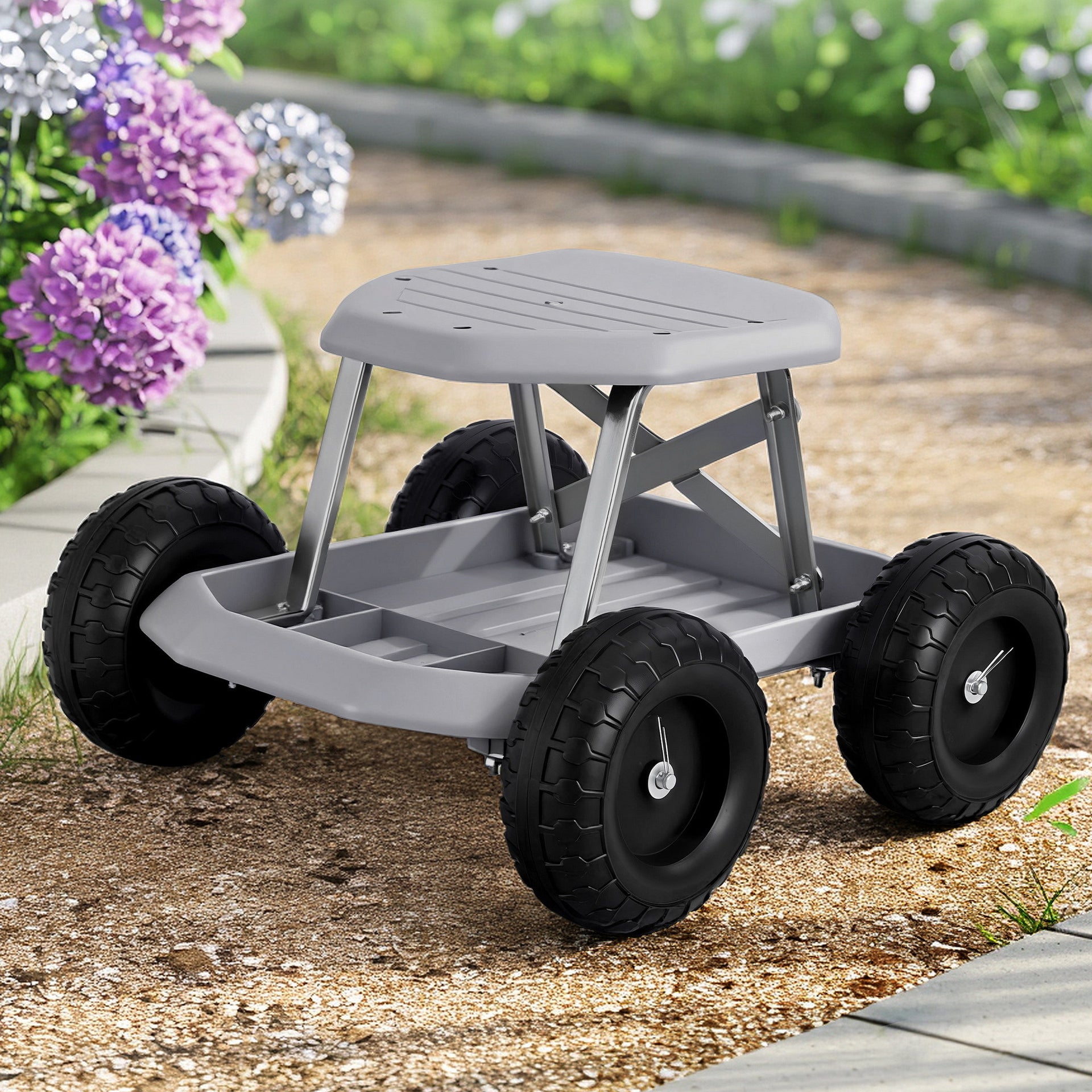 Gardeon Garden Cart Seat with Wheels, Rolling Work Stool with Tool Storage Tray, 440lbs (200kg) Heavy Duty Capacity Garden Stool for Outdoor Yard Work, Car Detailing, and Garage Maintenance, Grey/Black Awezingly