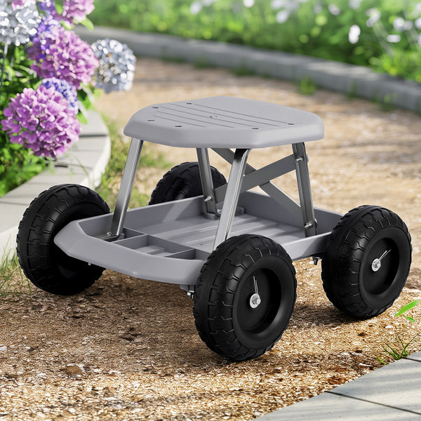 Gardeon Garden Cart Seat with Wheels, Rolling Work Stool with Tool Storage Tray, 440lbs (200kg) Heavy Duty Capacity Garden Stool for Outdoor Yard Work, Car Detailing, and Garage Maintenance, Grey/Black Awezingly