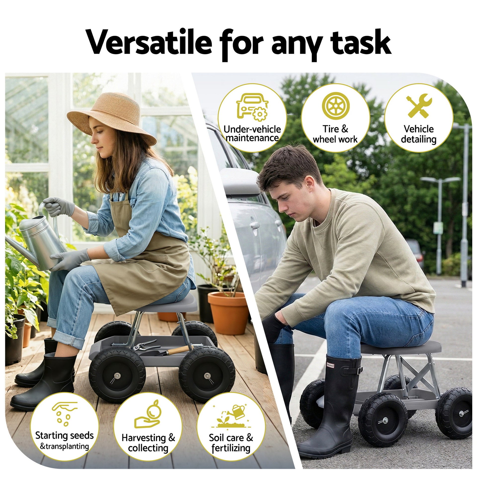 Gardeon Garden Cart Seat with Wheels, Rolling Work Stool with Tool Storage Tray, 440lbs (200kg) Heavy Duty Capacity Garden Stool for Outdoor Yard Work, Car Detailing, and Garage Maintenance, Grey/Black Awezingly