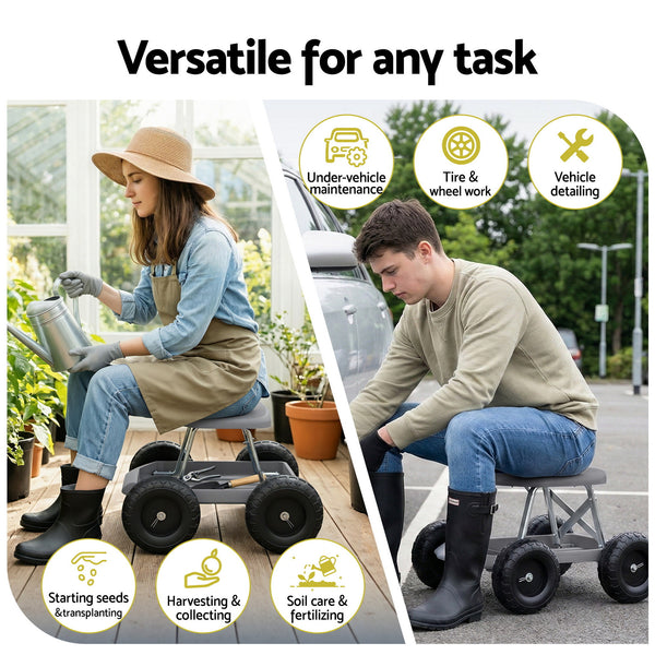 Gardeon Garden Cart Seat with Wheels, Rolling Work Stool with Tool Storage Tray, 440lbs (200kg) Heavy Duty Capacity Garden Stool for Outdoor Yard Work, Car Detailing, and Garage Maintenance, Grey/Black Awezingly