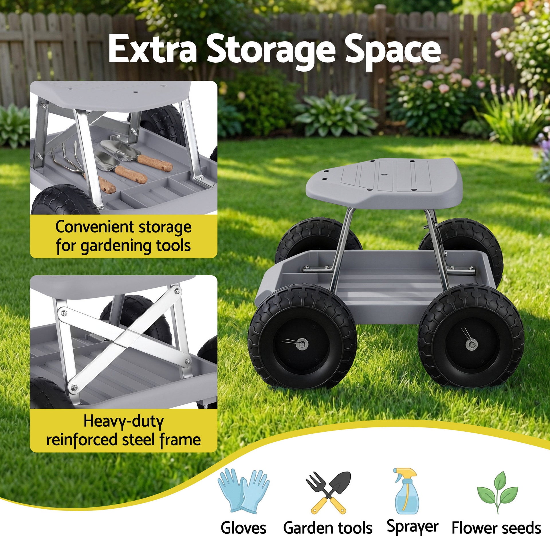 Gardeon Garden Cart Seat with Wheels, Rolling Work Stool with Tool Storage Tray, 440lbs (200kg) Heavy Duty Capacity Garden Stool for Outdoor Yard Work, Car Detailing, and Garage Maintenance, Grey/Black Awezingly