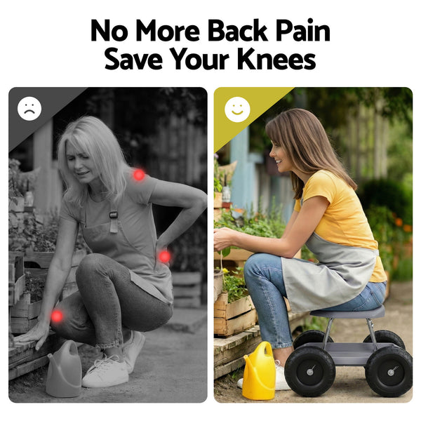 Gardeon Garden Cart Seat with Wheels, Rolling Work Stool with Tool Storage Tray, 440lbs (200kg) Heavy Duty Capacity Garden Stool for Outdoor Yard Work, Car Detailing, and Garage Maintenance, Grey/Black Awezingly