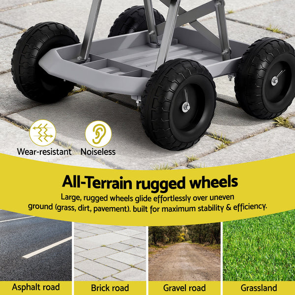 Gardeon Garden Cart Seat with Wheels, Rolling Work Stool with Tool Storage Tray, 440lbs (200kg) Heavy Duty Capacity Garden Stool for Outdoor Yard Work, Car Detailing, and Garage Maintenance, Grey/Black Awezingly