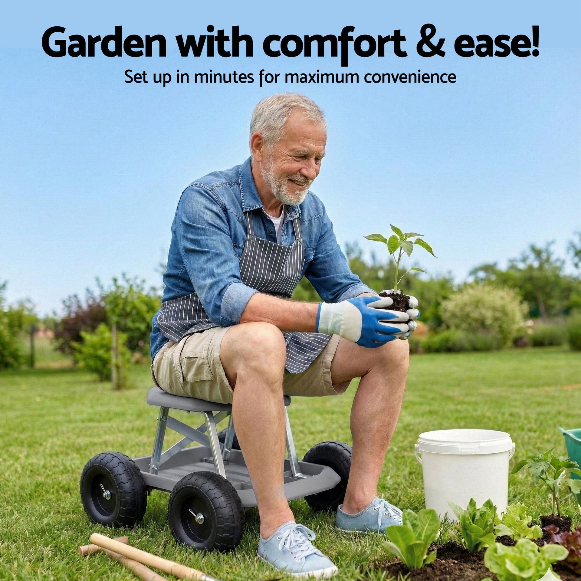 Gardeon Garden Cart Seat with Wheels, Rolling Work Stool with Tool Storage Tray, 440lbs (200kg) Heavy Duty Capacity Garden Stool for Outdoor Yard Work, Car Detailing, and Garage Maintenance, Grey/Black Awezingly