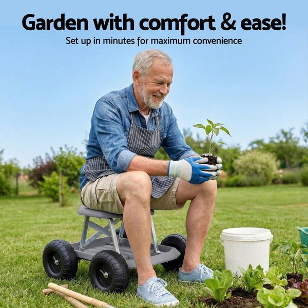 Gardeon Garden Cart Seat with Wheels, Rolling Work Stool with Tool Storage Tray, 440lbs (200kg) Heavy Duty Capacity Garden Stool for Outdoor Yard Work, Car Detailing, and Garage Maintenance, Grey/Black Awezingly