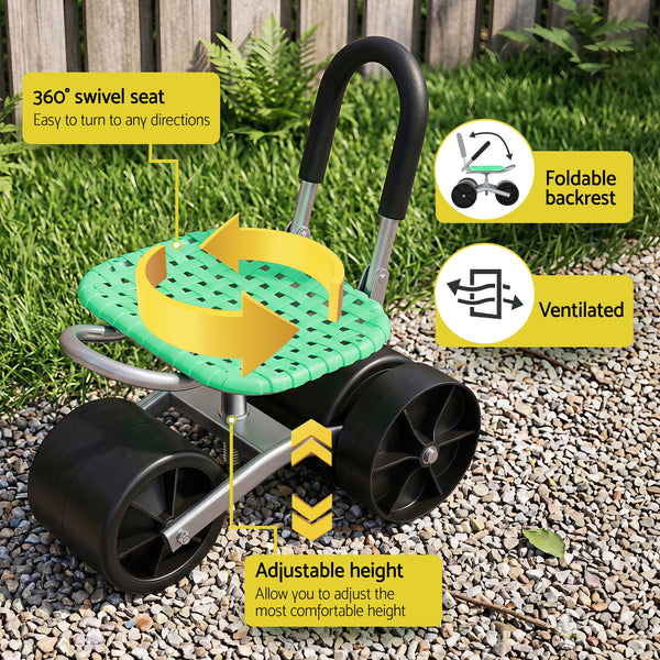 Gardeon Gardening Cart with 360° Swivel Seat | Rolling Work Seat with Adjustable Height & All-Terrain Wheels | 130KG Capacity Heavy Duty Garden Scooter for Back Pain Relief & Vehicle Detailing | Foldable Backrest & Ventilated Seat, Green Awezingly
