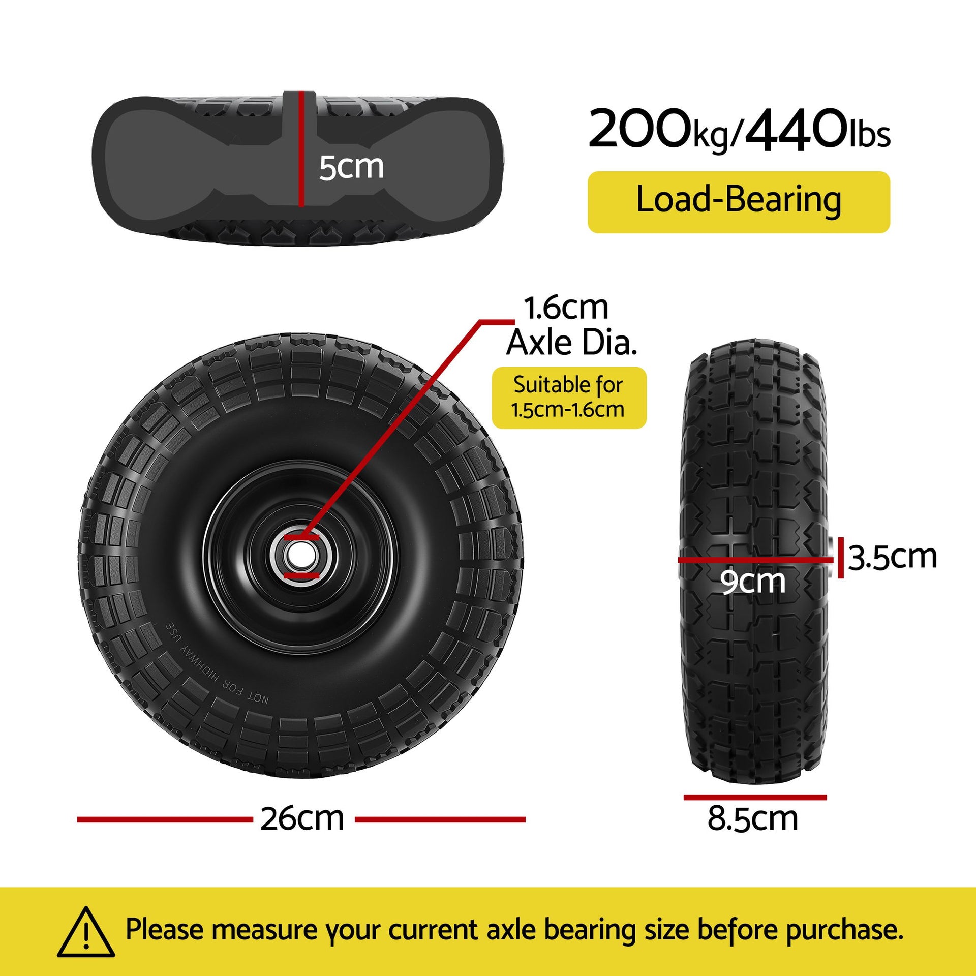 Gardeon 2pcs, 4.10/3.50-4 Tire And Wheel Flat Free, 26cm Solid Rubber Tires with 5/8 Axle Bore Hole And Double Sealed Bearings, Perfect for Wheelbarrow, Garden Cart, Wagon, Dolly Awezingly