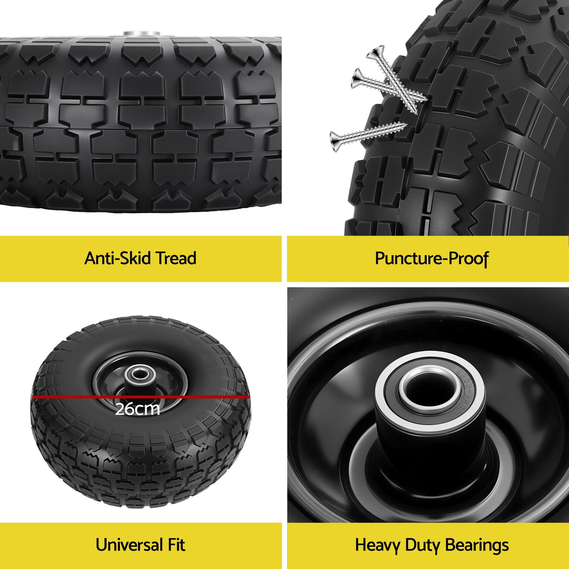 Gardeon 2pcs, 4.10/3.50-4 Tire And Wheel Flat Free, 26cm Solid Rubber Tires with 5/8 Axle Bore Hole And Double Sealed Bearings, Perfect for Wheelbarrow, Garden Cart, Wagon, Dolly Awezingly