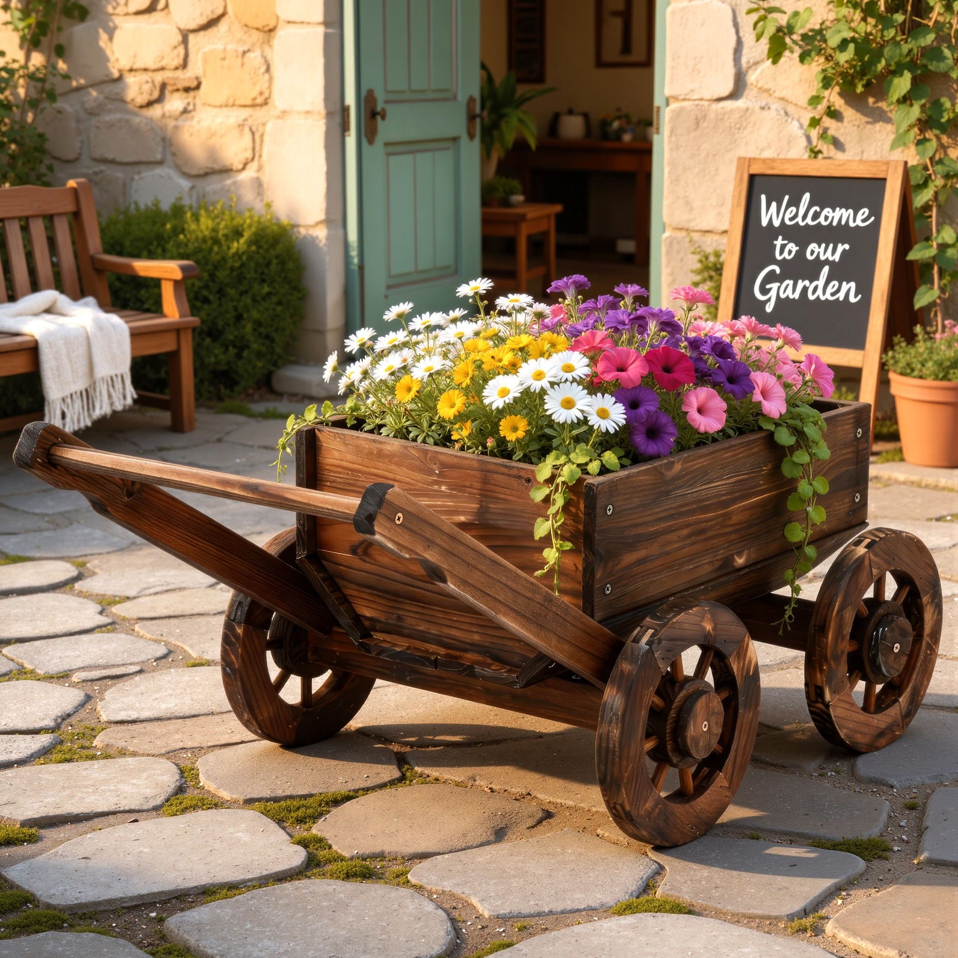 Gardeon Wooden Planter Cart Garden Decor Plant Stand Flower Fir Wood Wagon Wheels L Awezingly