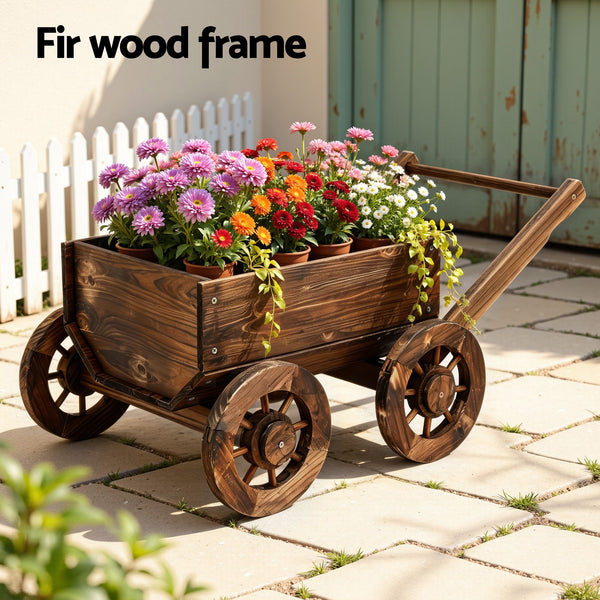 Gardeon Wooden Planter Cart Garden Decor Plant Stand Flower Fir Wood Wagon Wheels L Awezingly
