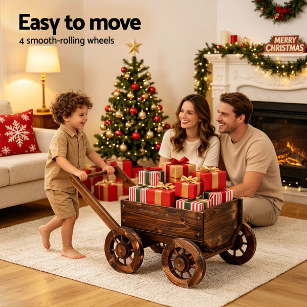 Gardeon Wooden Planter Cart Garden Decor Plant Stand Flower Fir Wood Wagon Wheels L Awezingly