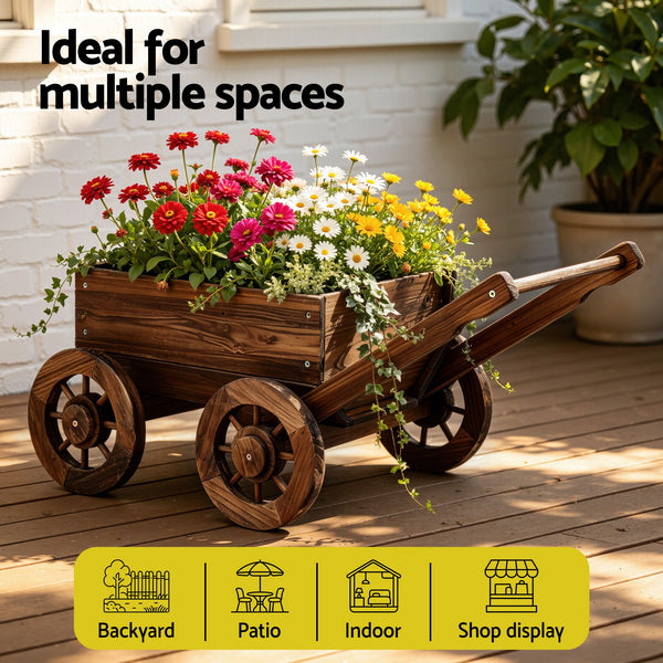 Gardeon Wooden Planter Cart Garden Decor Plant Stand Flower Fir Wood Wagon Wheels L Awezingly