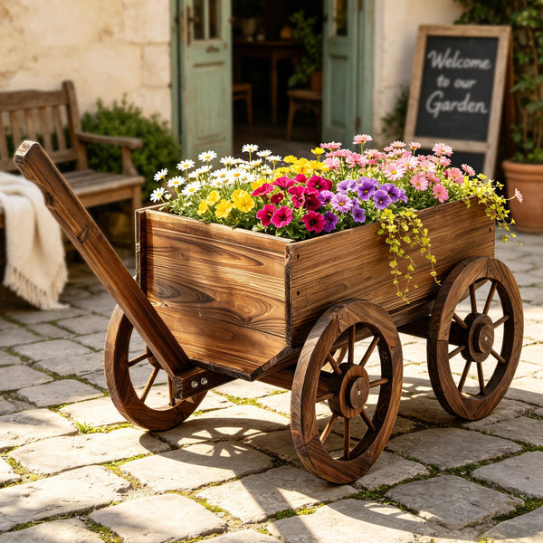 Gardeon Wooden Planter Cart Garden Decor Plant Stand Fir Wood Flower Wagon Wheels XL Gardeon