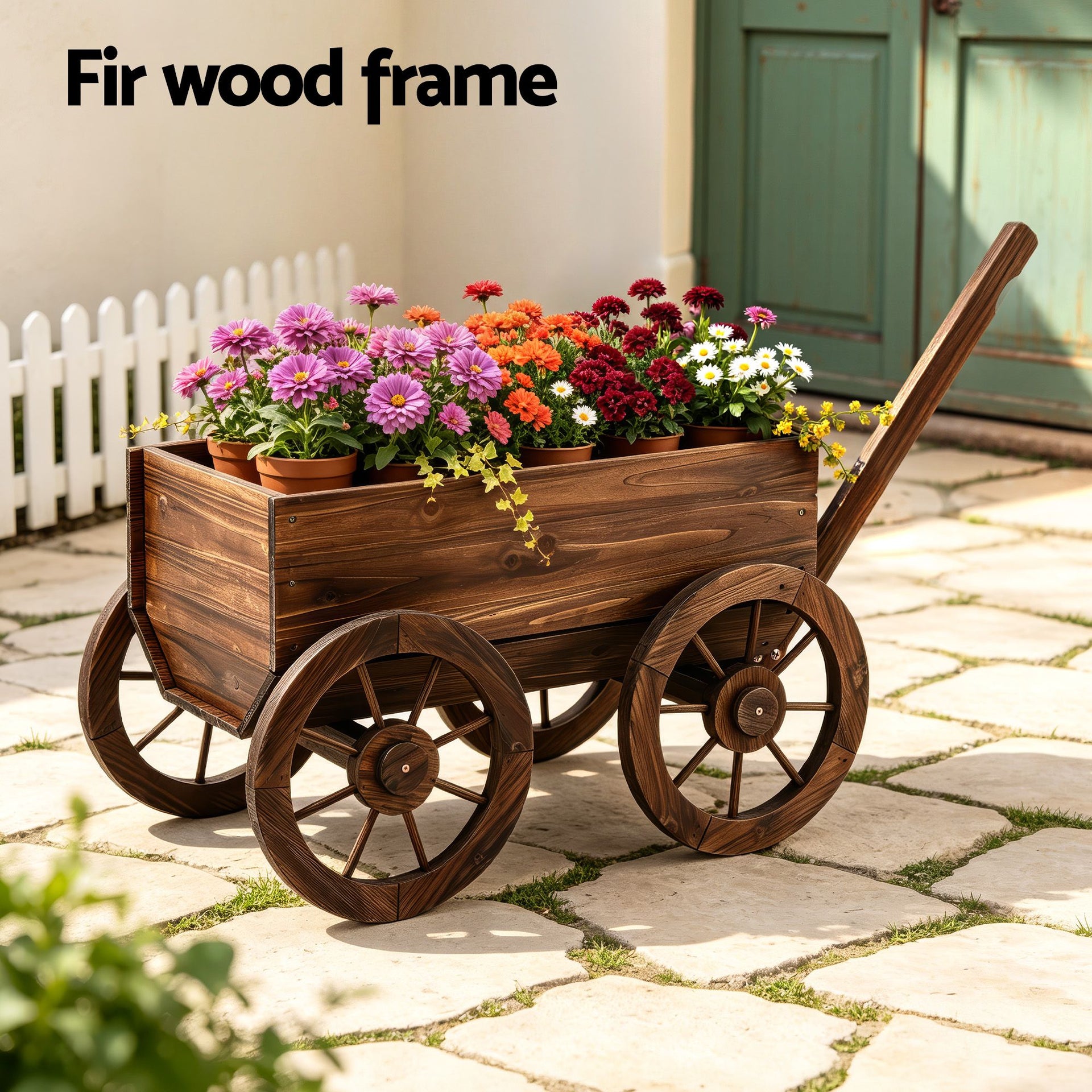 Gardeon Wooden Planter Cart Garden Decor Plant Stand Fir Wood Flower Wagon Wheels XL Gardeon