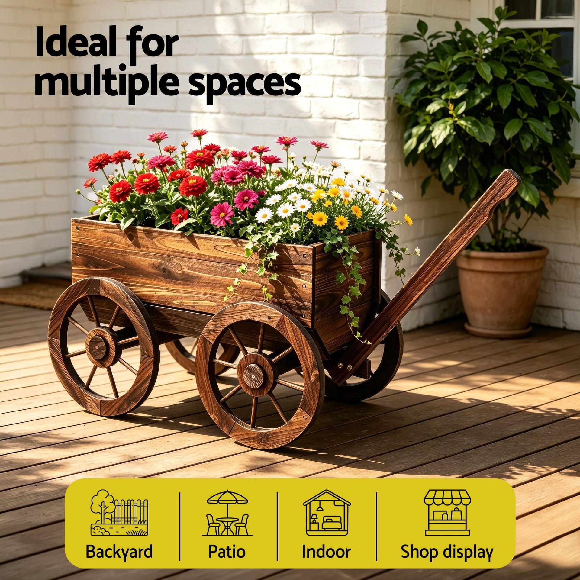 Gardeon Wooden Planter Cart Garden Decor Plant Stand Fir Wood Flower Wagon Wheels XL Gardeon