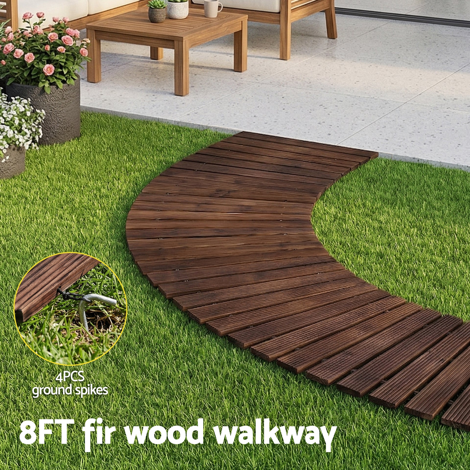 Gardeon 8FT Wooden Garden Pathway Roll-Out Curved Walkway Outdoor Backyard Charcoal Brown Awezingly