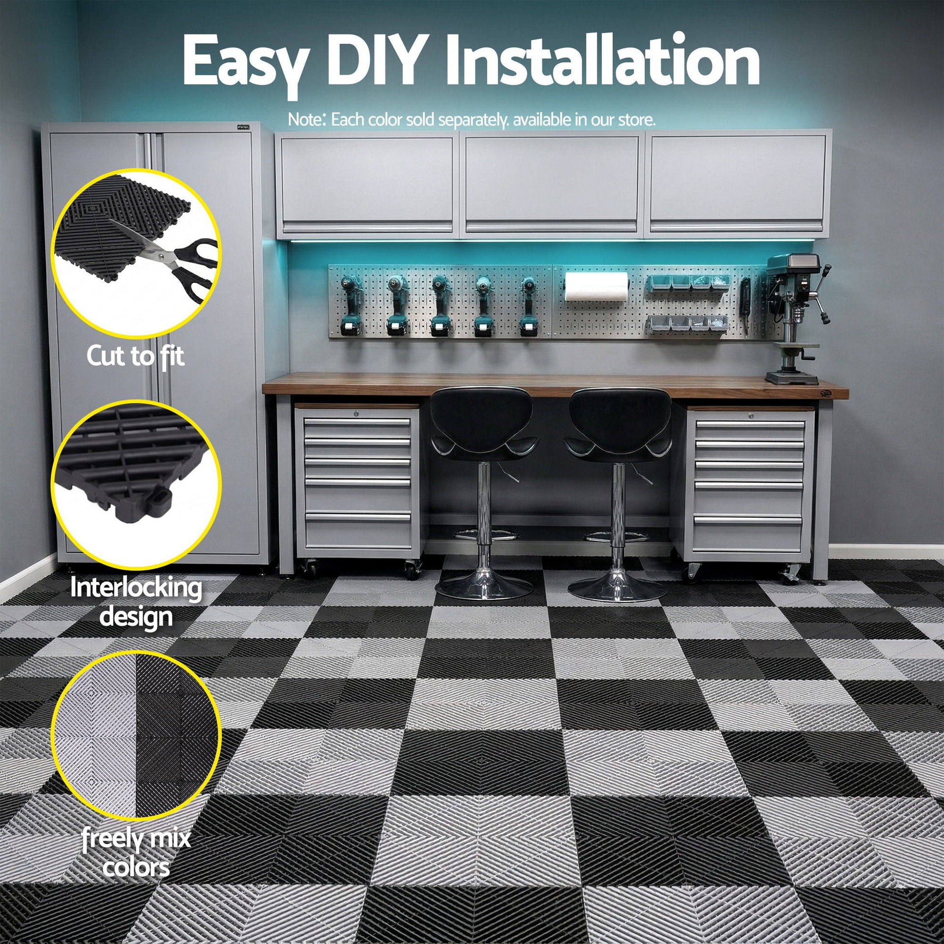 Giantz 20PCS Garage Floor Tiles Interlocking Drainage Non-Slip Tiles Heavy Duty for Workshop Black Awezingly