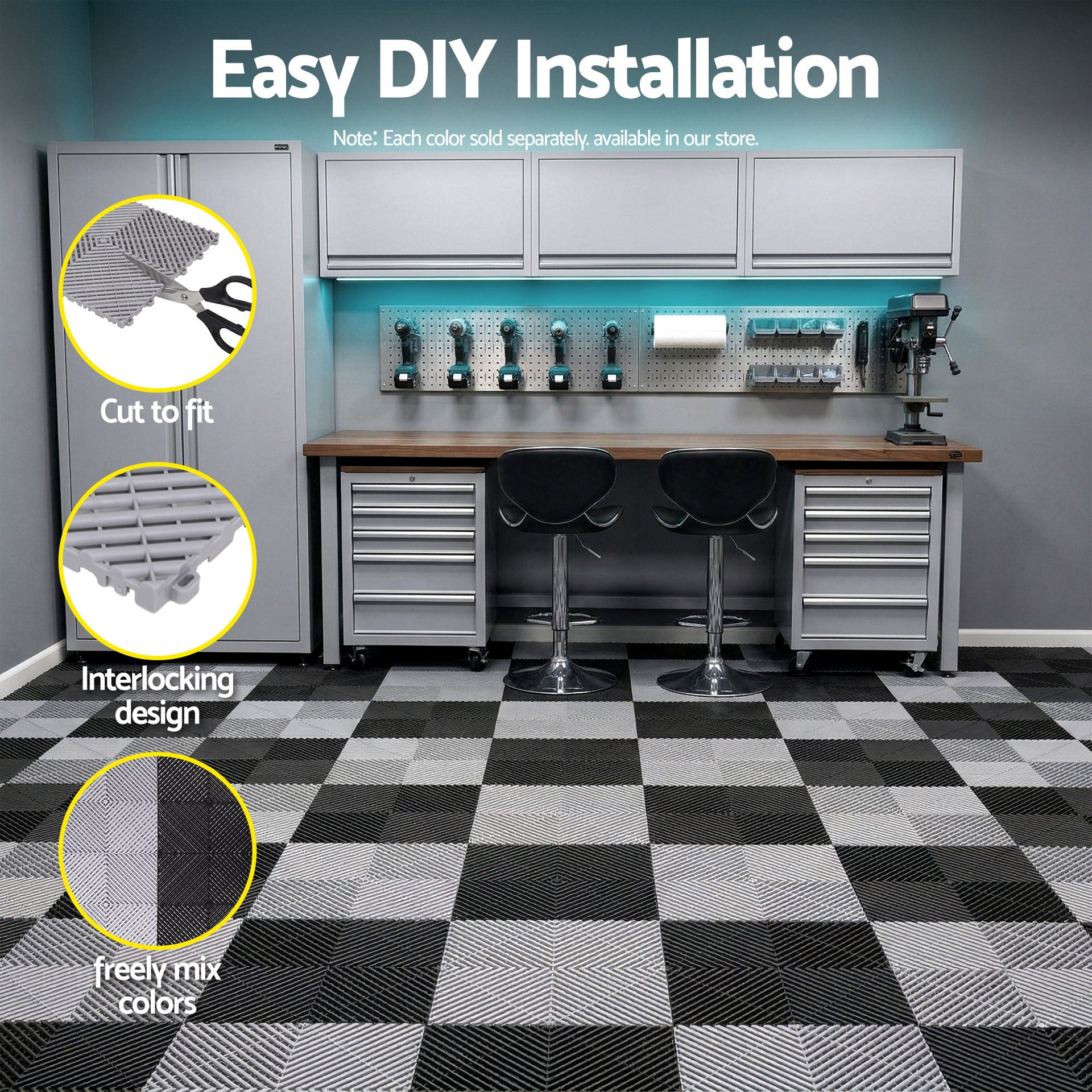 Giantz 20PCS Garage Floor Tiles Interlocking Drainage Non-Slip Tiles Heavy Duty for Workshop Grey Awezingly