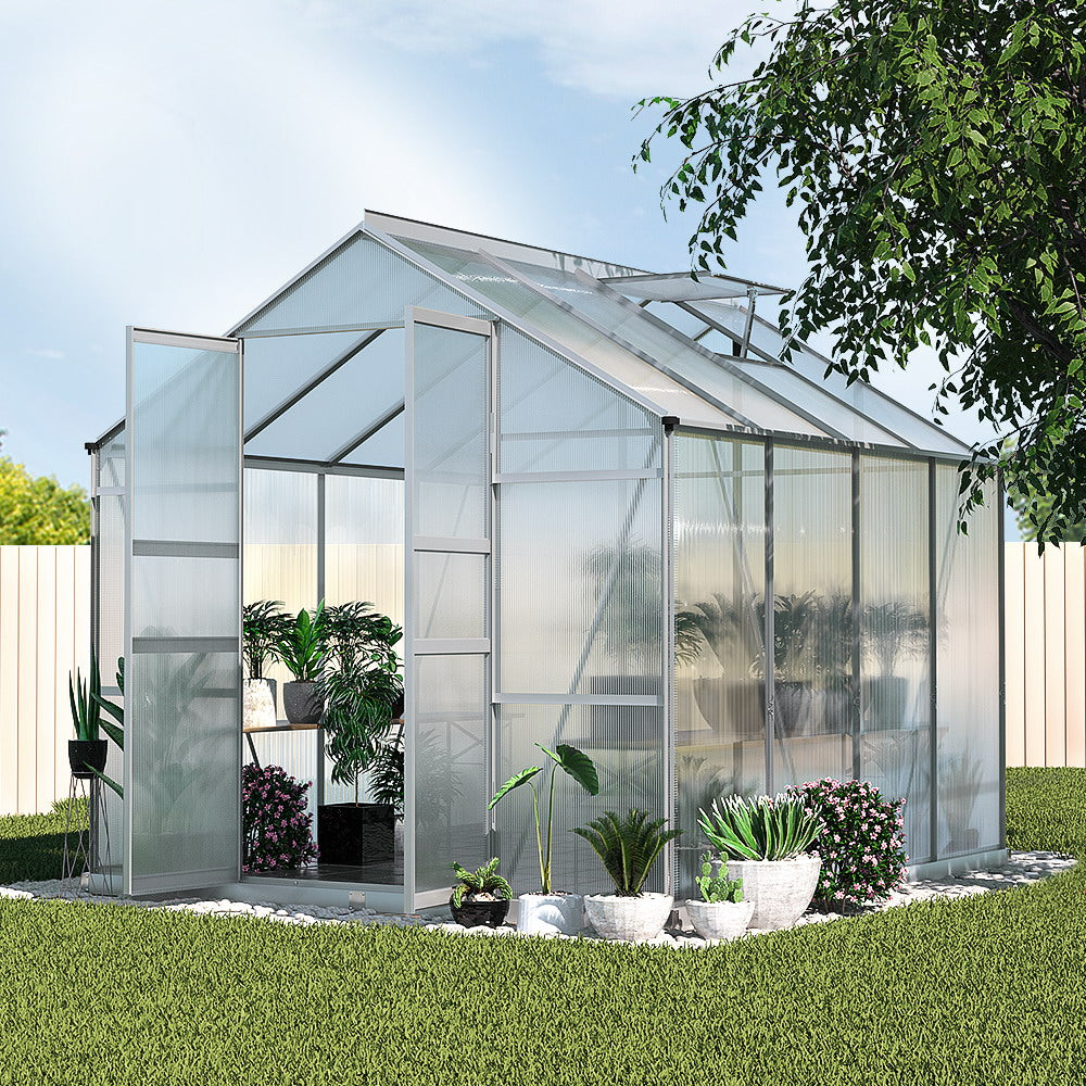 Greenfingers Greenhouse 2.42x2.5x2.26M Aluminium Double Doors Green House Garden Shed Greenfingers