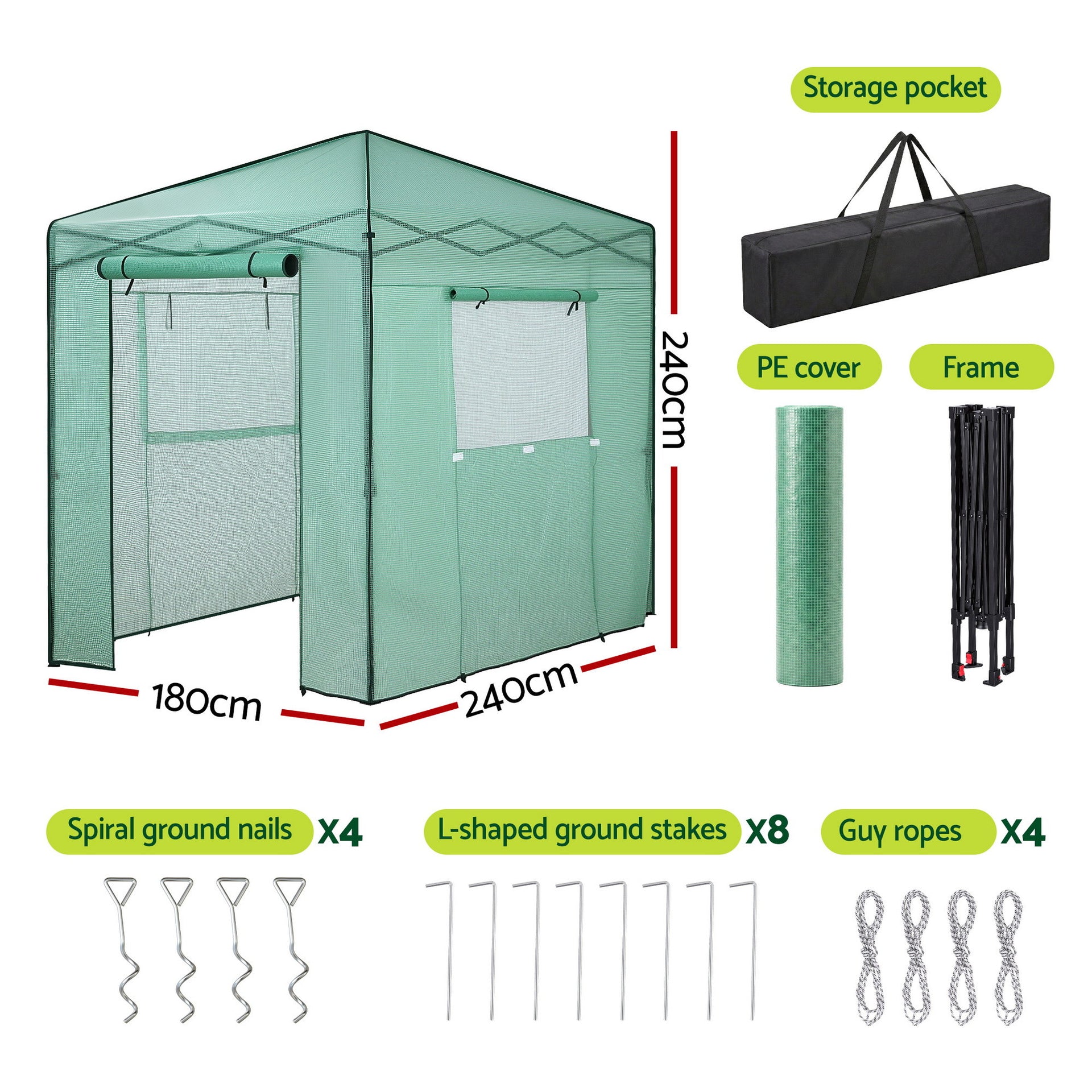 Green Fingers Greenhouse 180x240x240cm Steel Frame PE Cover Outdoor Shelter Awezingly