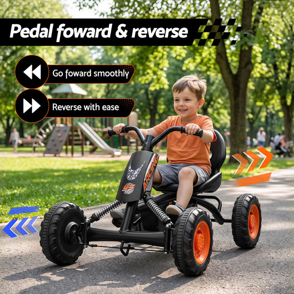 Rigo Pedal Go Kart Kids with Plastic Wheels Forward Reverse Black 84cm Awezingly
