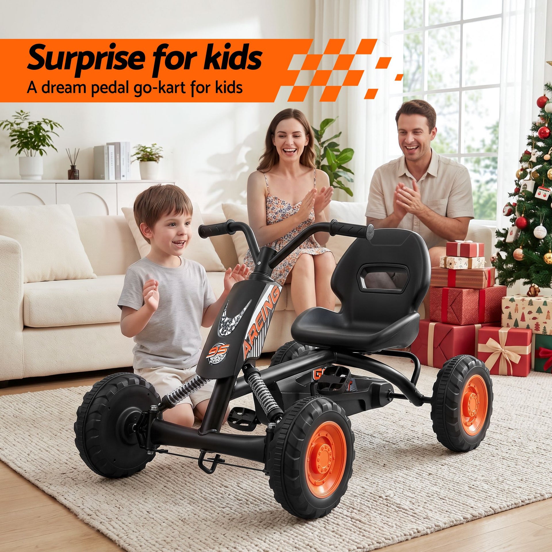 Rigo Pedal Go Kart Kids with Plastic Wheels Forward Reverse Black 84cm Awezingly