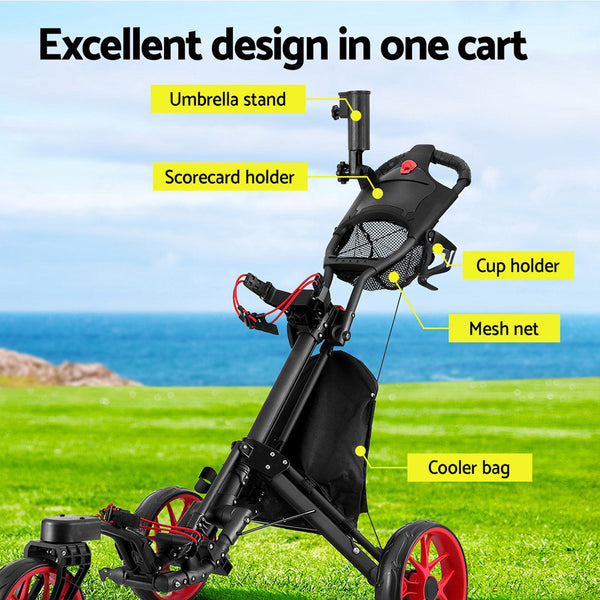 Everfit Golf Buggy Foldable Trolley Golf Cart Swivel Wheel Umbrella Bottle Stand Everfit