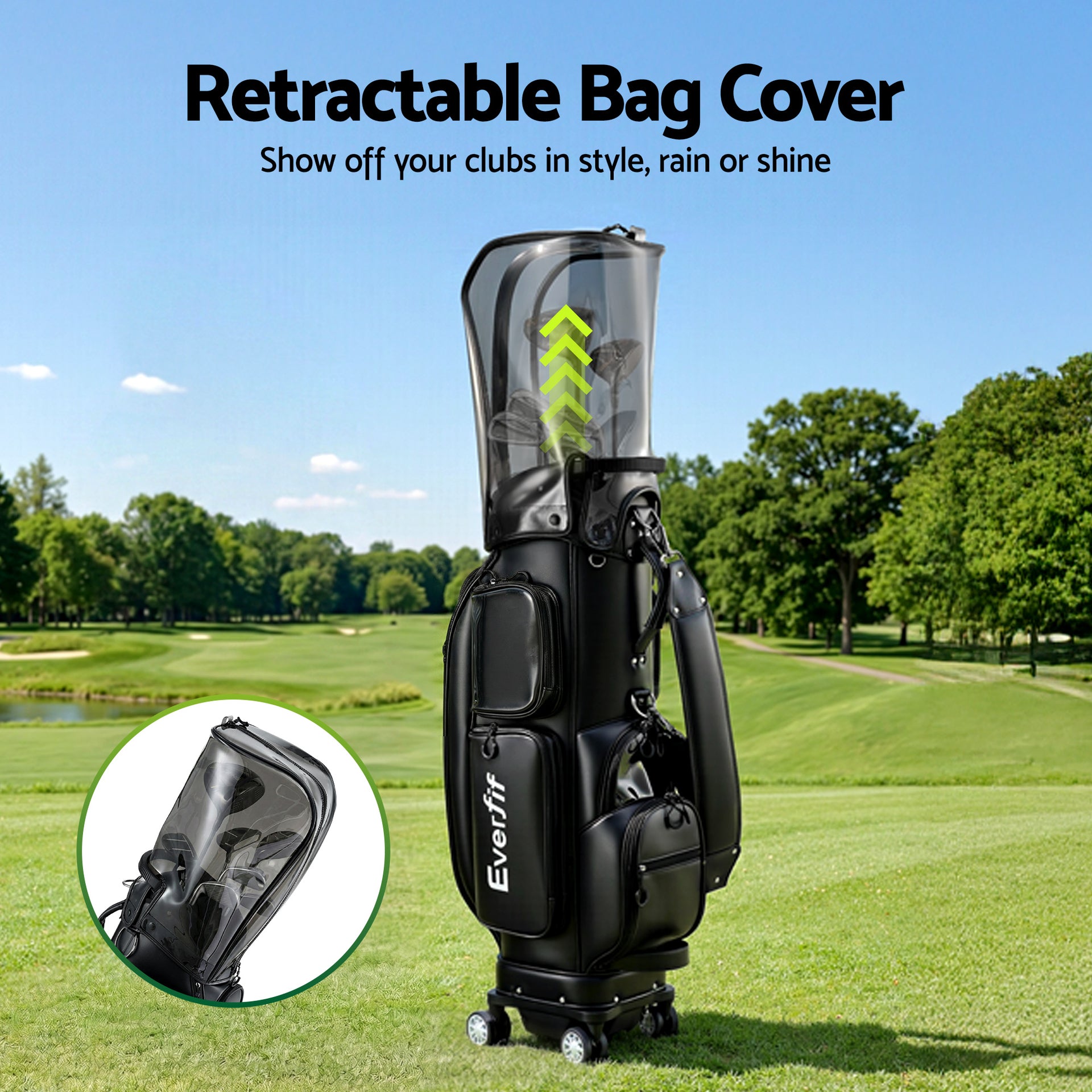 Everfit Golf Cart Bag Rolling Buggy Club Organiser Synthetic Leather Black Awezingly