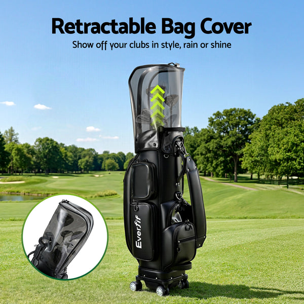 Everfit Golf Cart Bag Rolling Buggy Club Organiser Synthetic Leather Black Awezingly