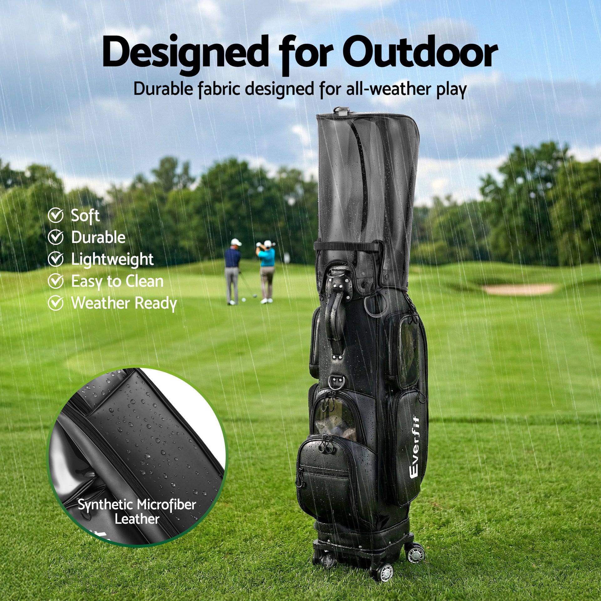 Everfit Golf Cart Bag Rolling Buggy Club Organiser Synthetic Leather Black Awezingly