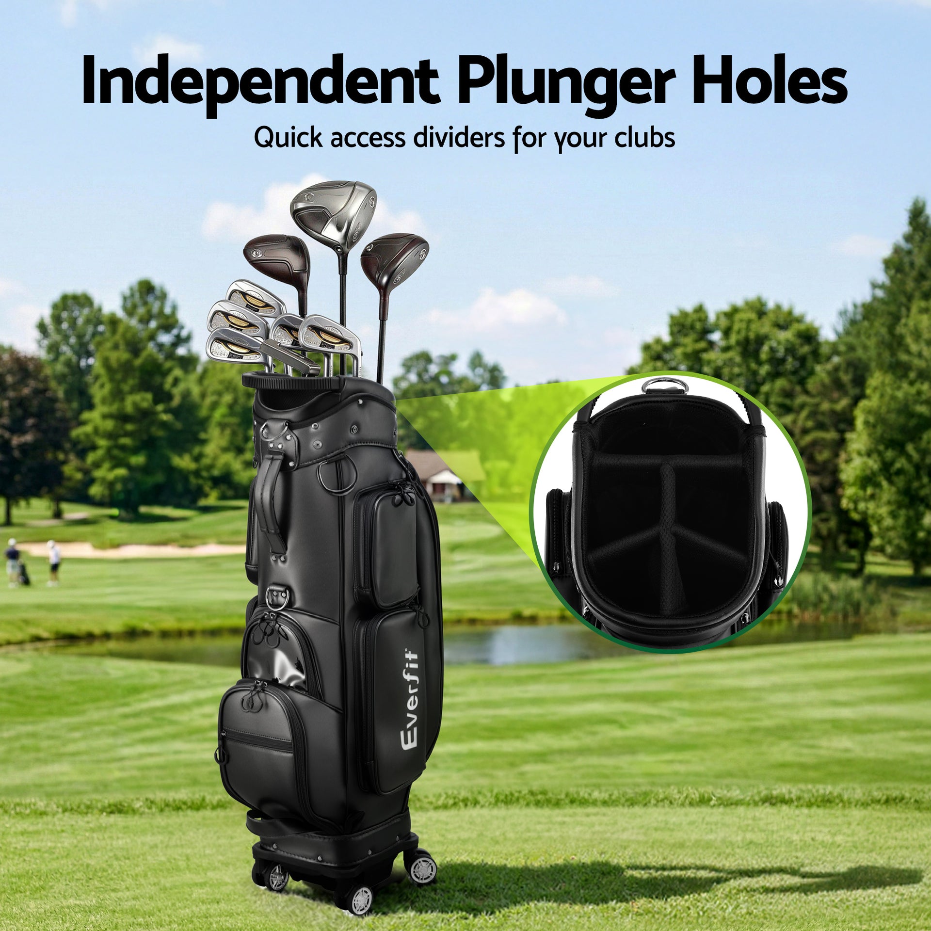 Everfit Golf Cart Bag Rolling Buggy Club Organiser Synthetic Leather Black Awezingly