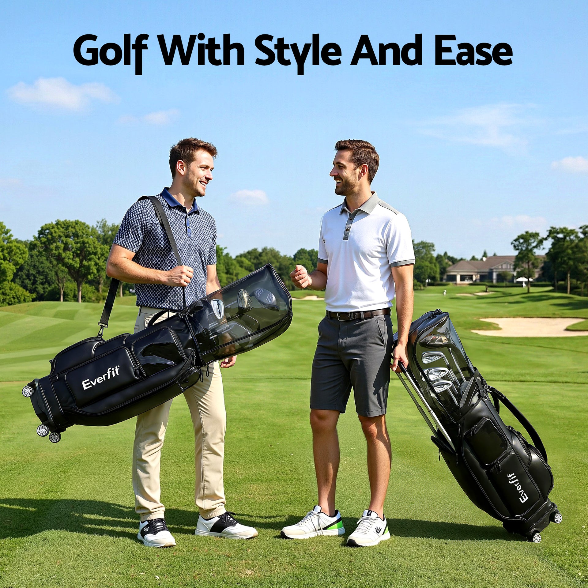 Everfit Golf Cart Bag Rolling Buggy Club Organiser Synthetic Leather Black Awezingly