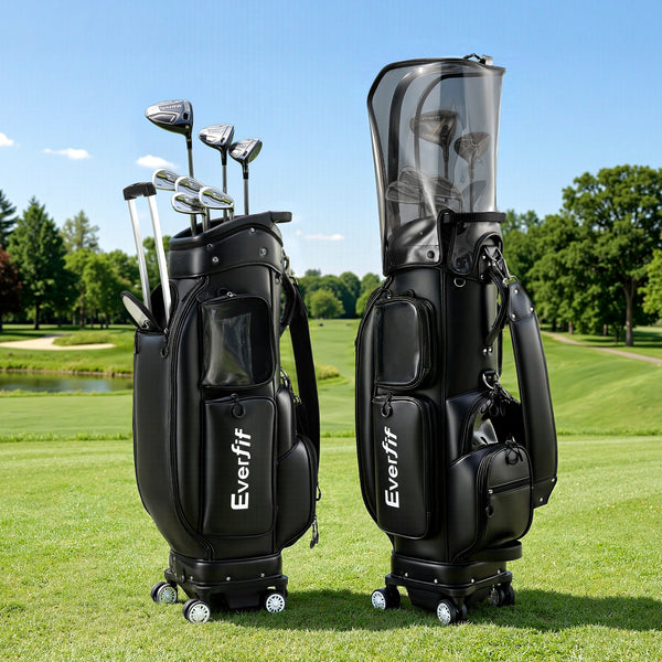 Everfit Golf Cart Bag Rolling Buggy Club Organiser Synthetic Leather Black Awezingly