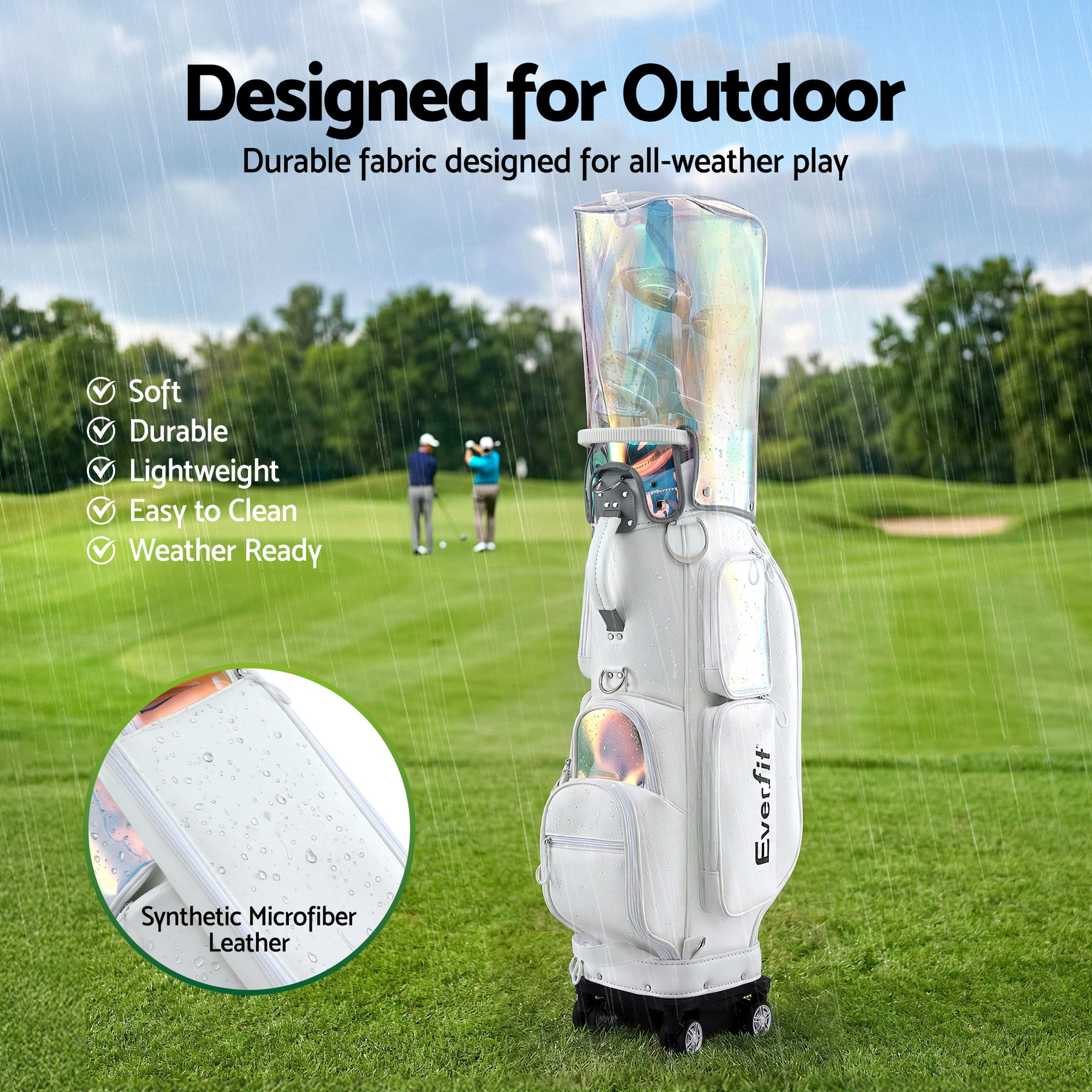 Everfit Golf Cart Bag Rolling Buggy Club Organiser Synthetic Leather White Awezingly